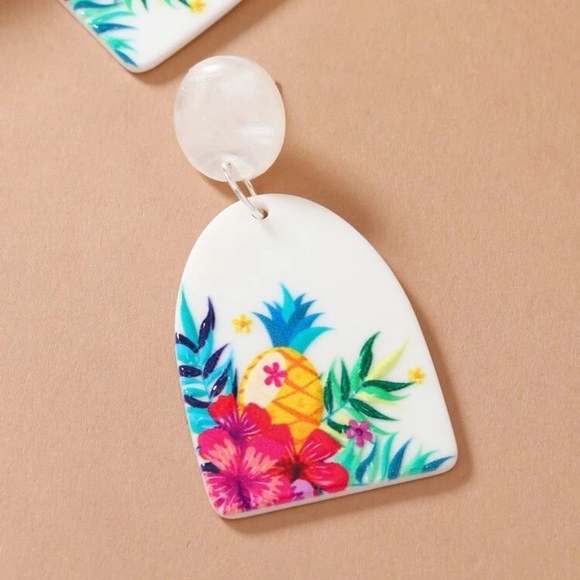 Tropical Floral & Pineapple Pattern Geometric Drop Earrings - Picture 4 of 5